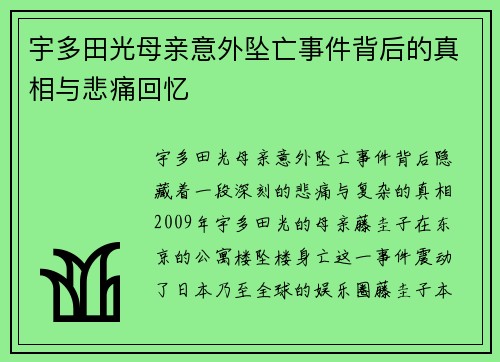 宇多田光母亲意外坠亡事件背后的真相与悲痛回忆